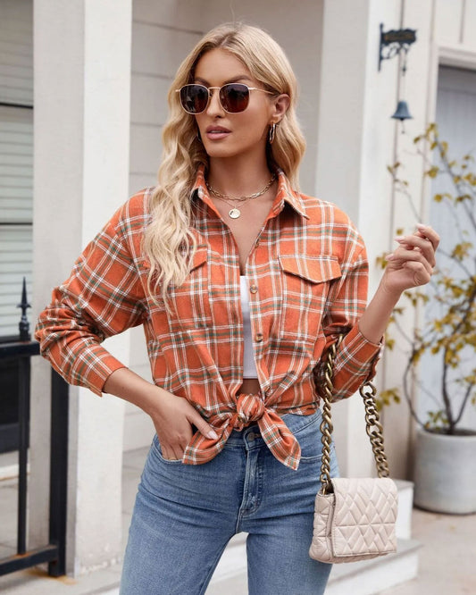 PlaidPocket Loose Shirt Orange