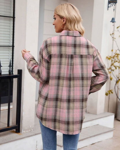 PlaidPocket Loose Shirt Pink